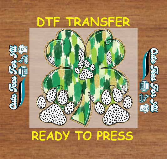 Ready to press dtf St Patricks Day transfer with shamrock and paw print graphic for DIY shirts