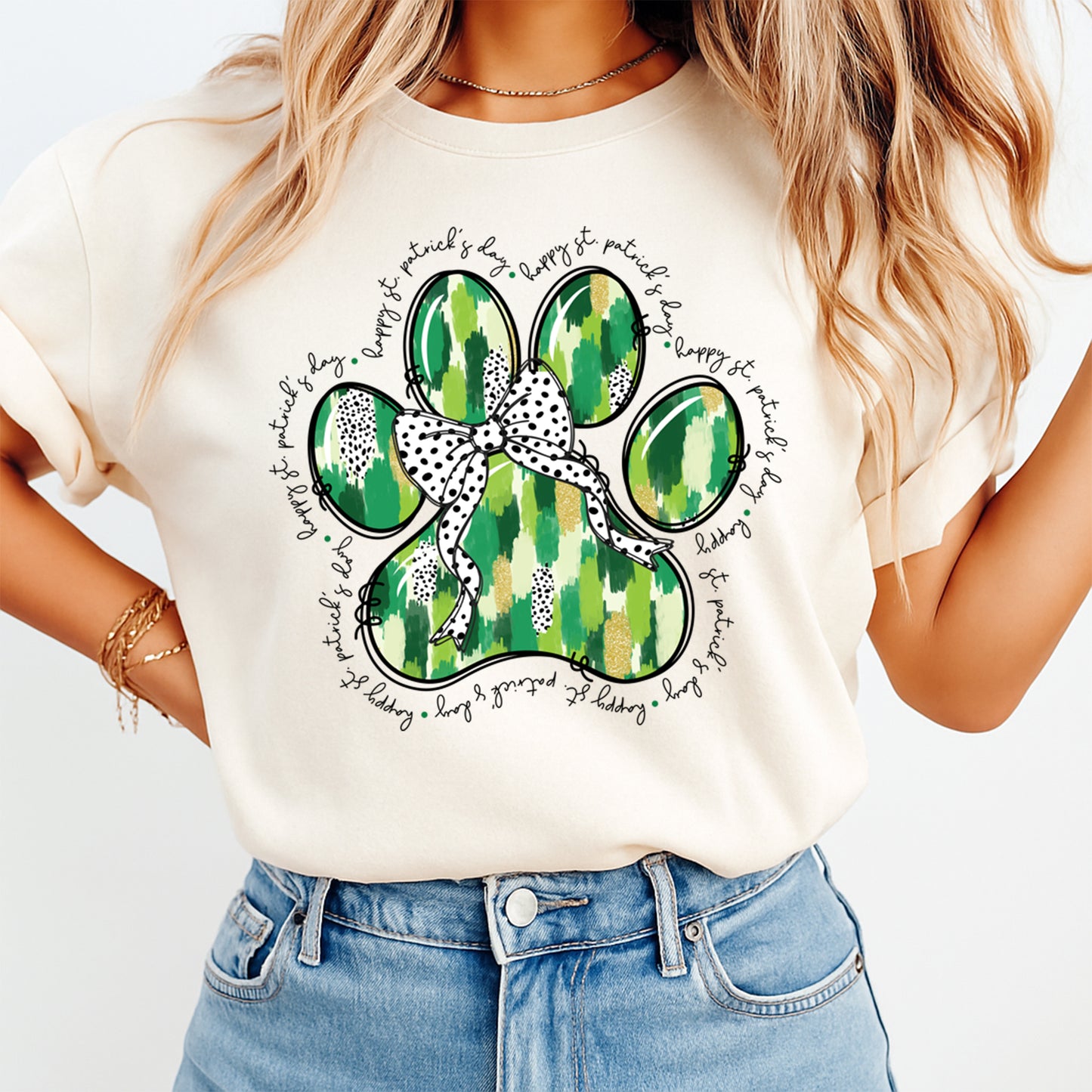 St Patricks Day Paw Bow DTF Transfer – Ready to Press Iron On Heat Transfer for DIY St Patricks Shirts 12523