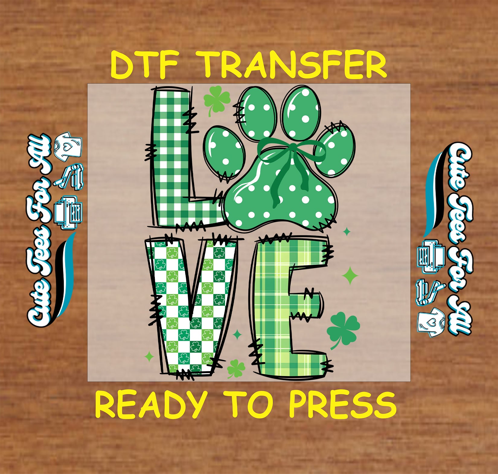 Ready to press dtf St Patricks Day transfer with love text and paw print plaid graphic for DIY shirts