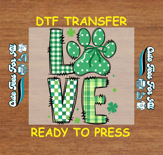 Ready to press dtf St Patricks Day transfer with love text and paw print plaid graphic for DIY shirts