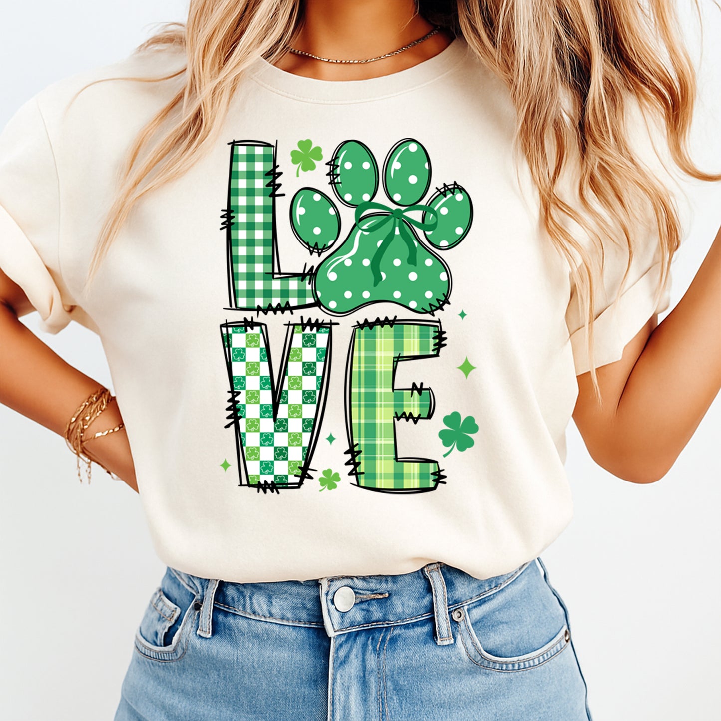 St Patricks Day DTF Transfer – Love Paw Plaid Ready to Press Iron on Heat Transfer DIY Shirts 12524