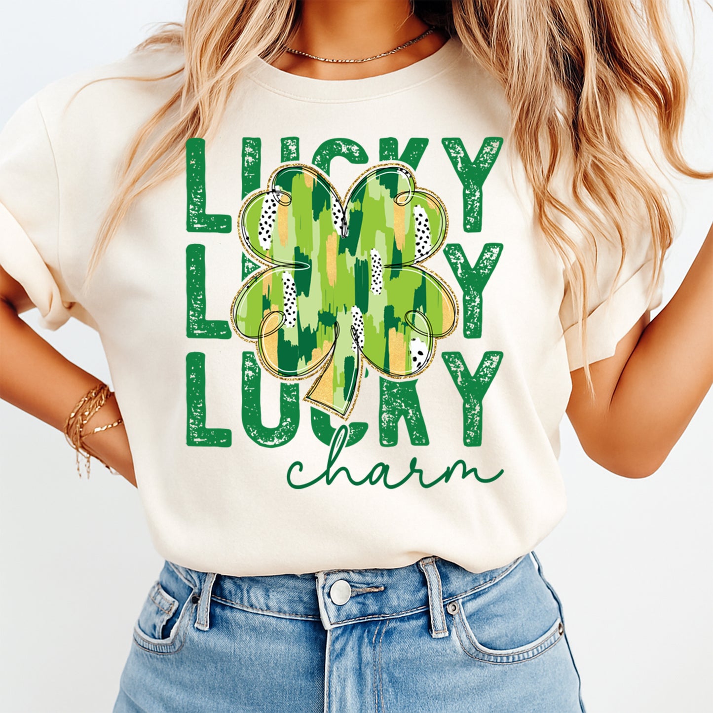 St Patricks Day DTF Transfer – Lucky Charm Shamrock Ready to Press Iron On Heat Transfer DIY St Patricks Shirts 12525