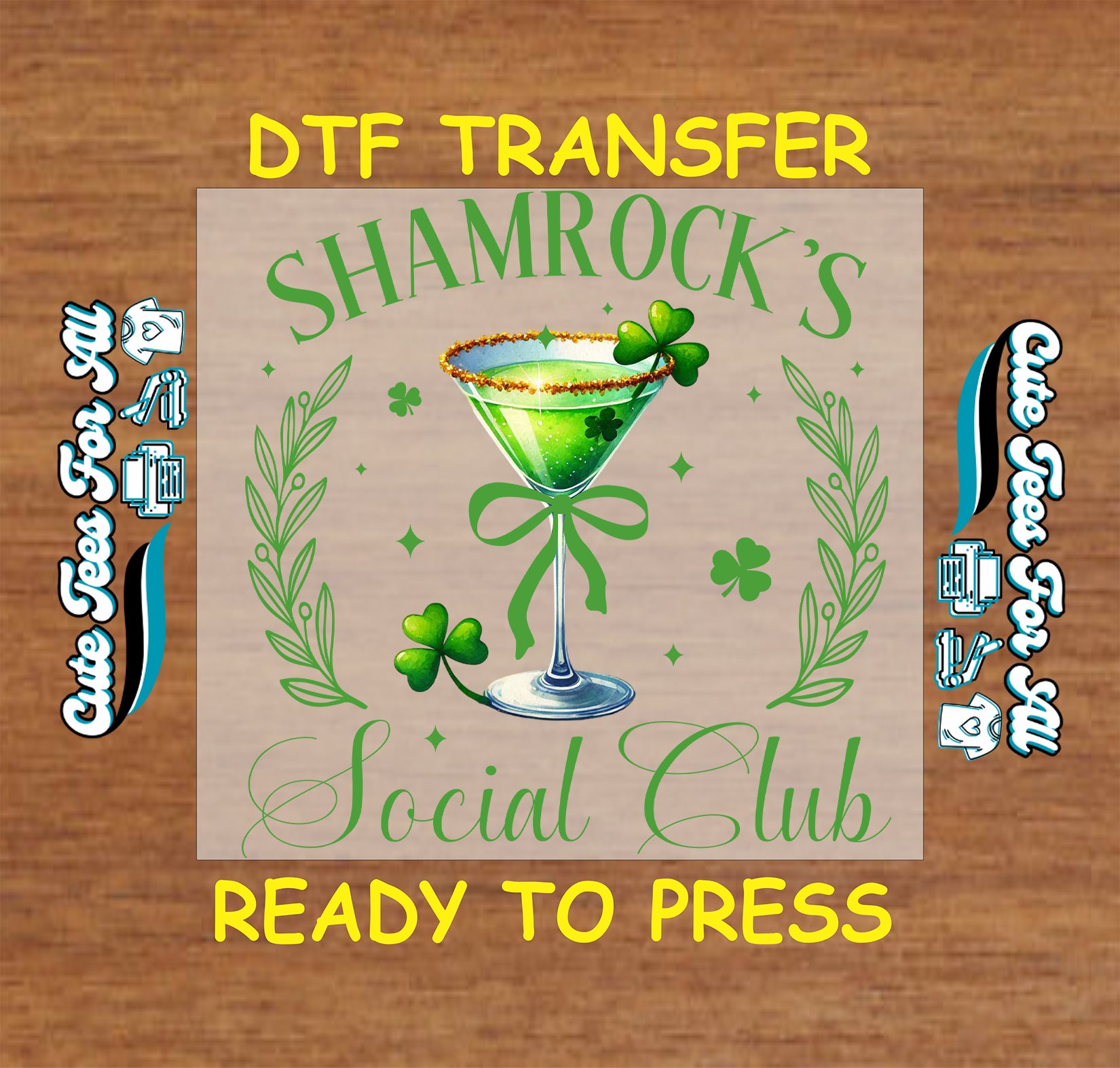 Ready to press dtf St Patricks Day transfer with Shamrocks Social Club text and green martini shamrock graphic for DIY shirts