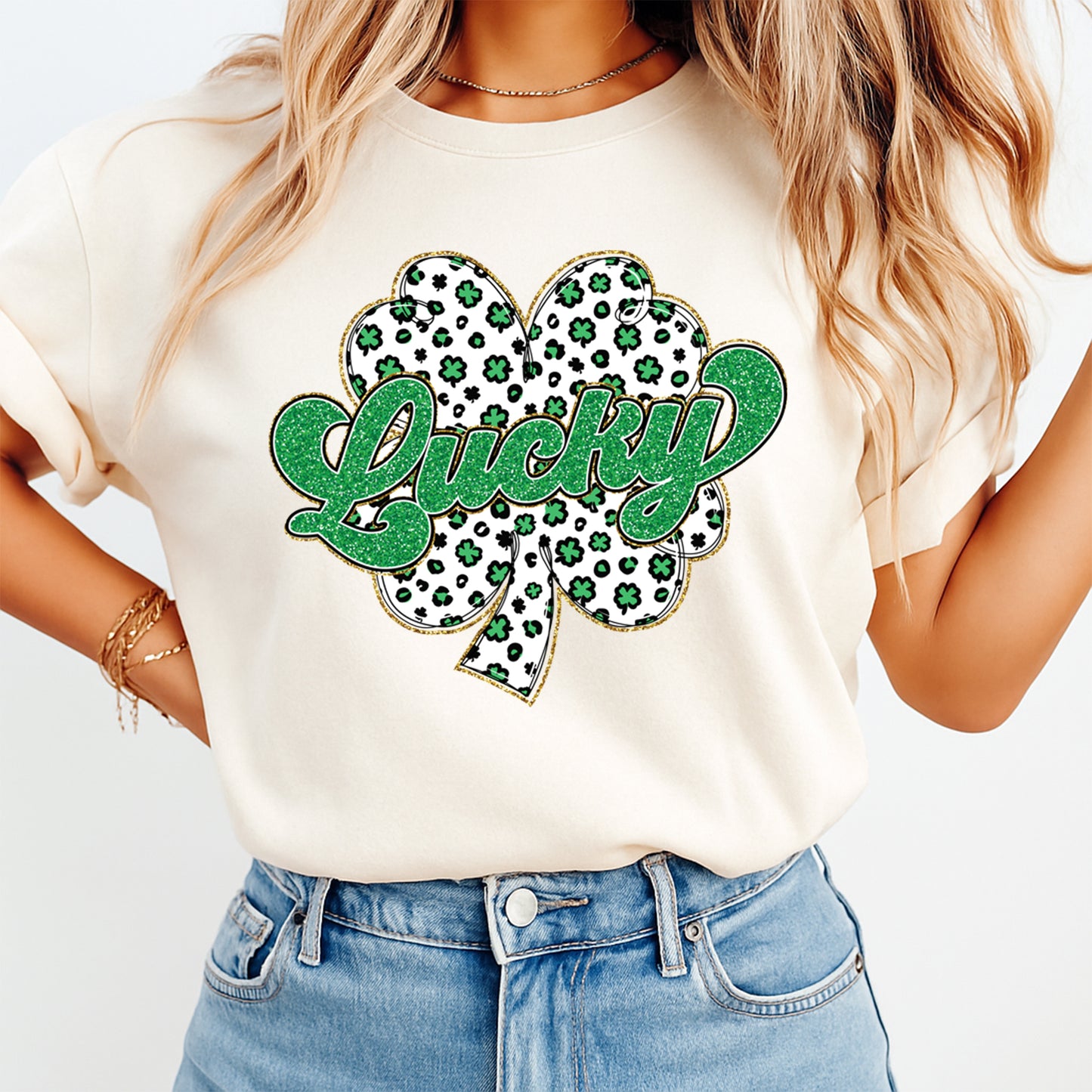 St Patricks Day DTF Transfer – Lucky Shamrock Glitter Style Ready to Press Iron On Heat Transfer DIY St Patricks Shirts 12527