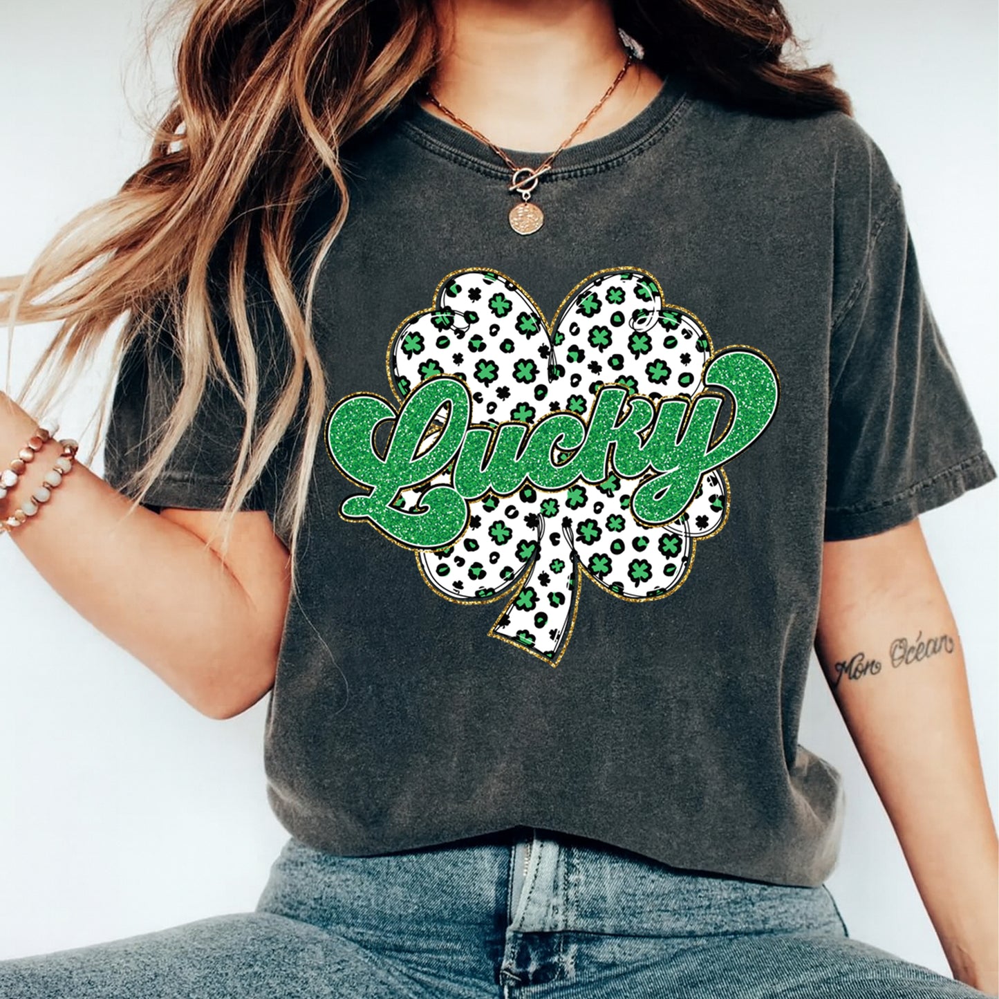 St Patricks Day DTF Transfer – Lucky Shamrock Glitter Style Ready to Press Iron On Heat Transfer DIY St Patricks Shirts 12527