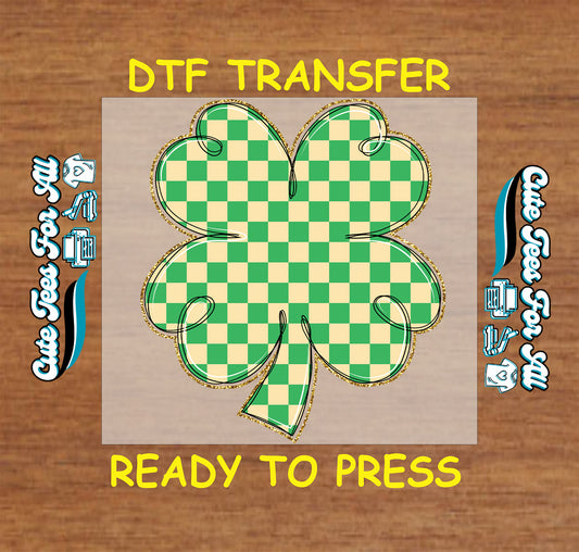 Ready to press dtf St Patricks Day transfer with green checkered shamrock clover graphic for DIY shirts