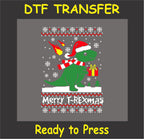 Christmas DTF Transfer Iron On Heat Transfer - Ready to Press, Funny Dinosaur Ugly Christmas Sweater Design 1252