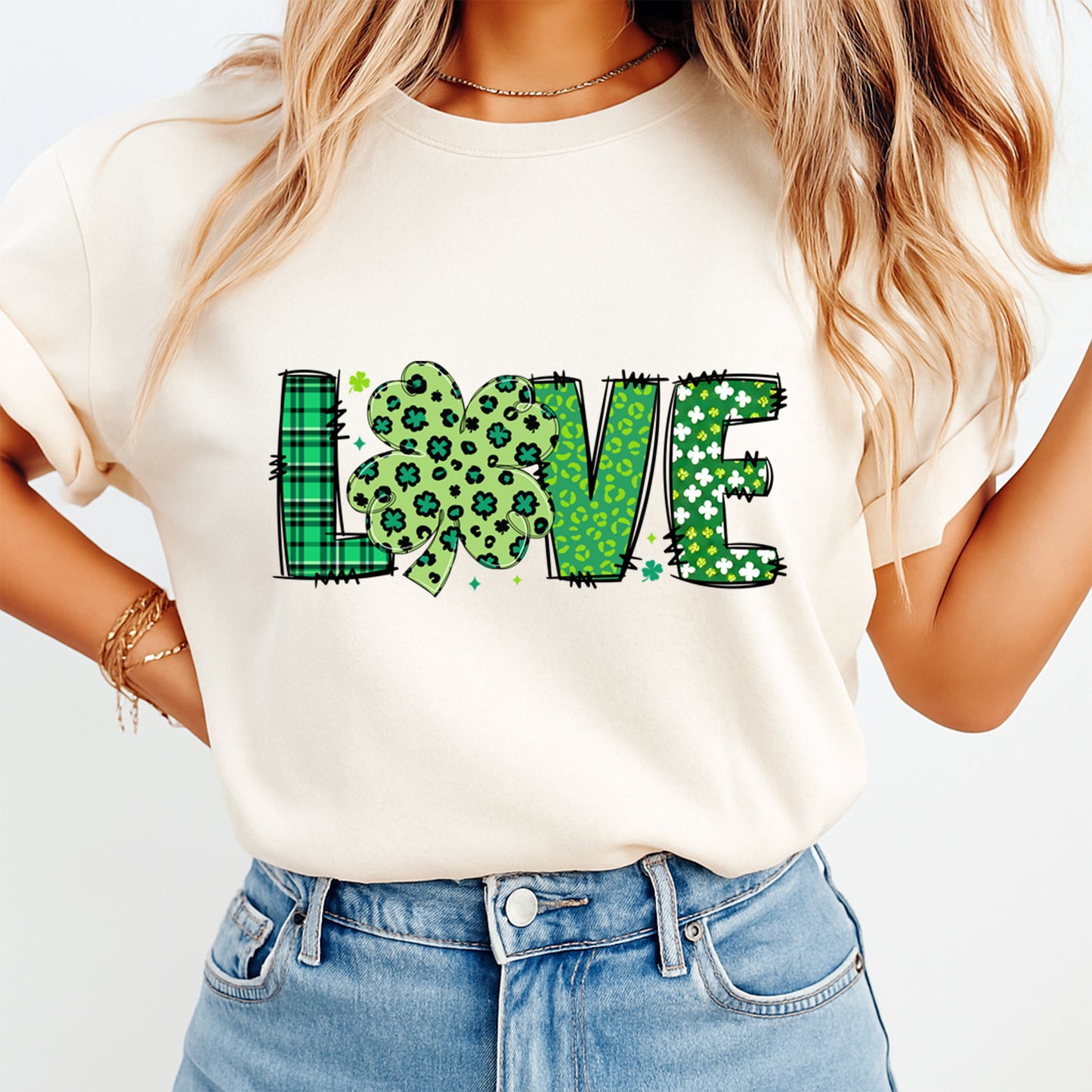 St Patricks Day DTF Transfer – Shamrock Love Ready to Press Iron On Heat Transfer DIY St Patricks Shirts 12530