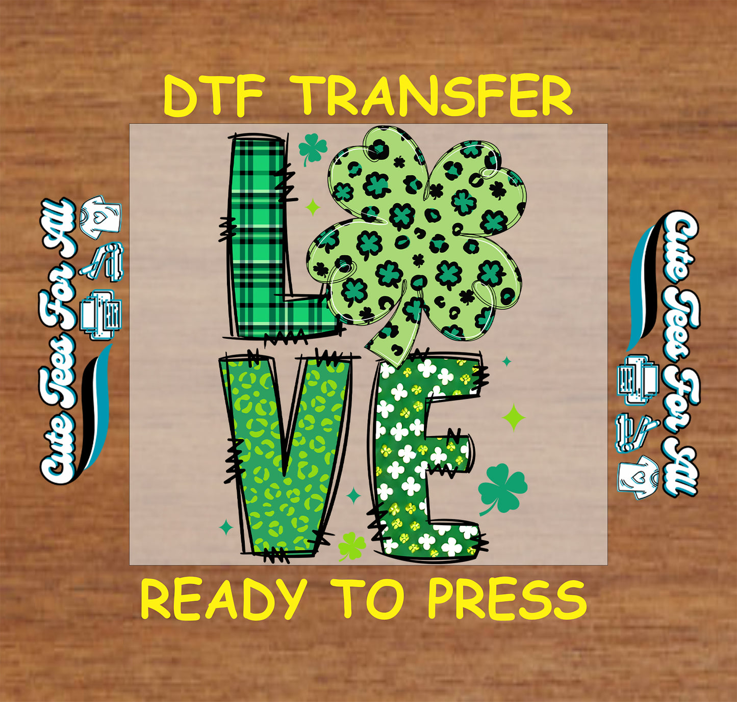St Patrick’s Day LOVE shamrock ready to press dtf transfer with plaid letters and clover patterns iron on heat transfer for DIY shirts