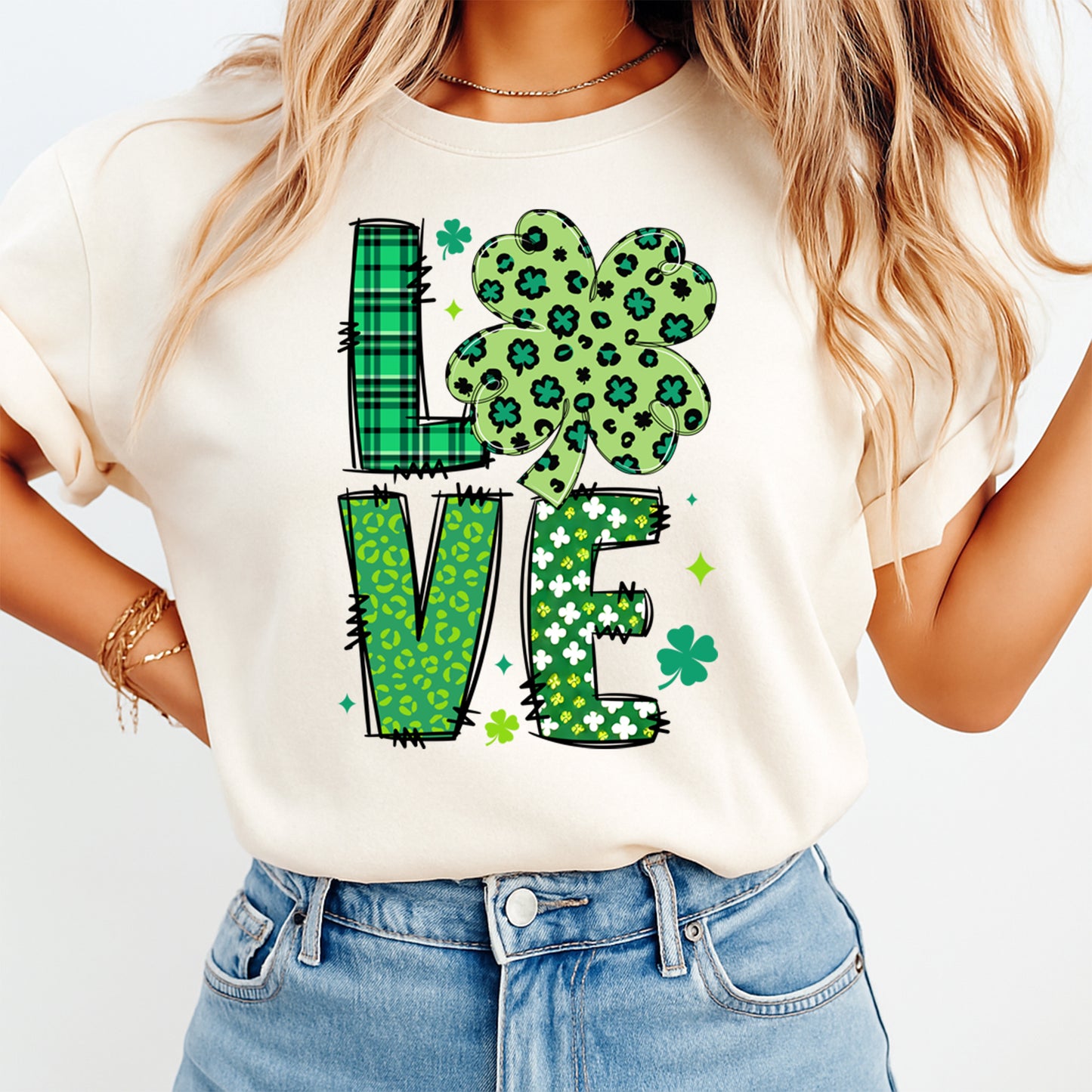 St Patrick’s Day Shamrock Love DTF Transfer – Ready to Press Iron On Heat Transfer for DIY St Patrick’s Day Shirts 12531
