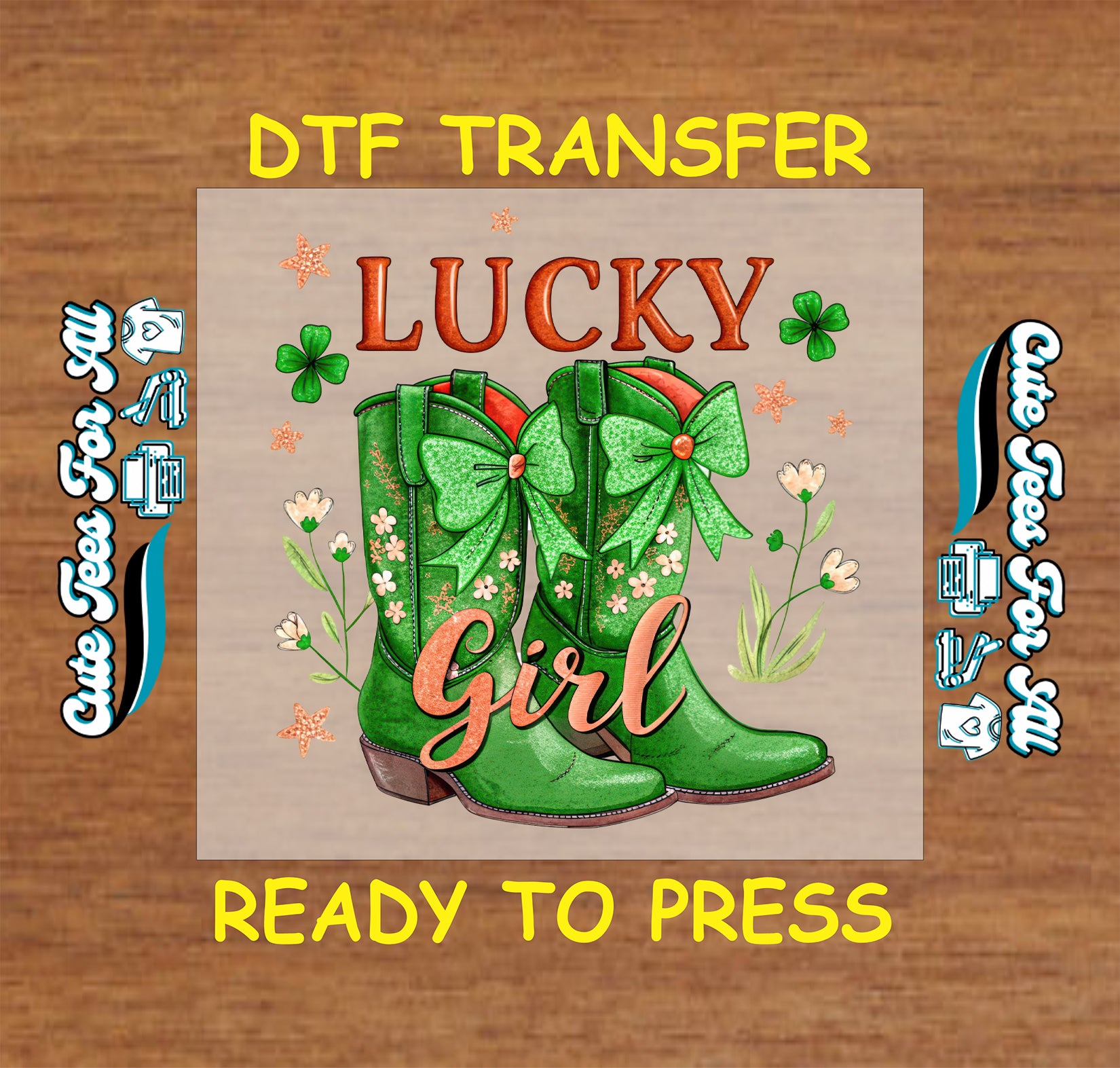 Lucky Girl St Patrick’s Day boots ready to press dtf transfer with bows and shamrock accents iron on heat transfer for DIY shirts