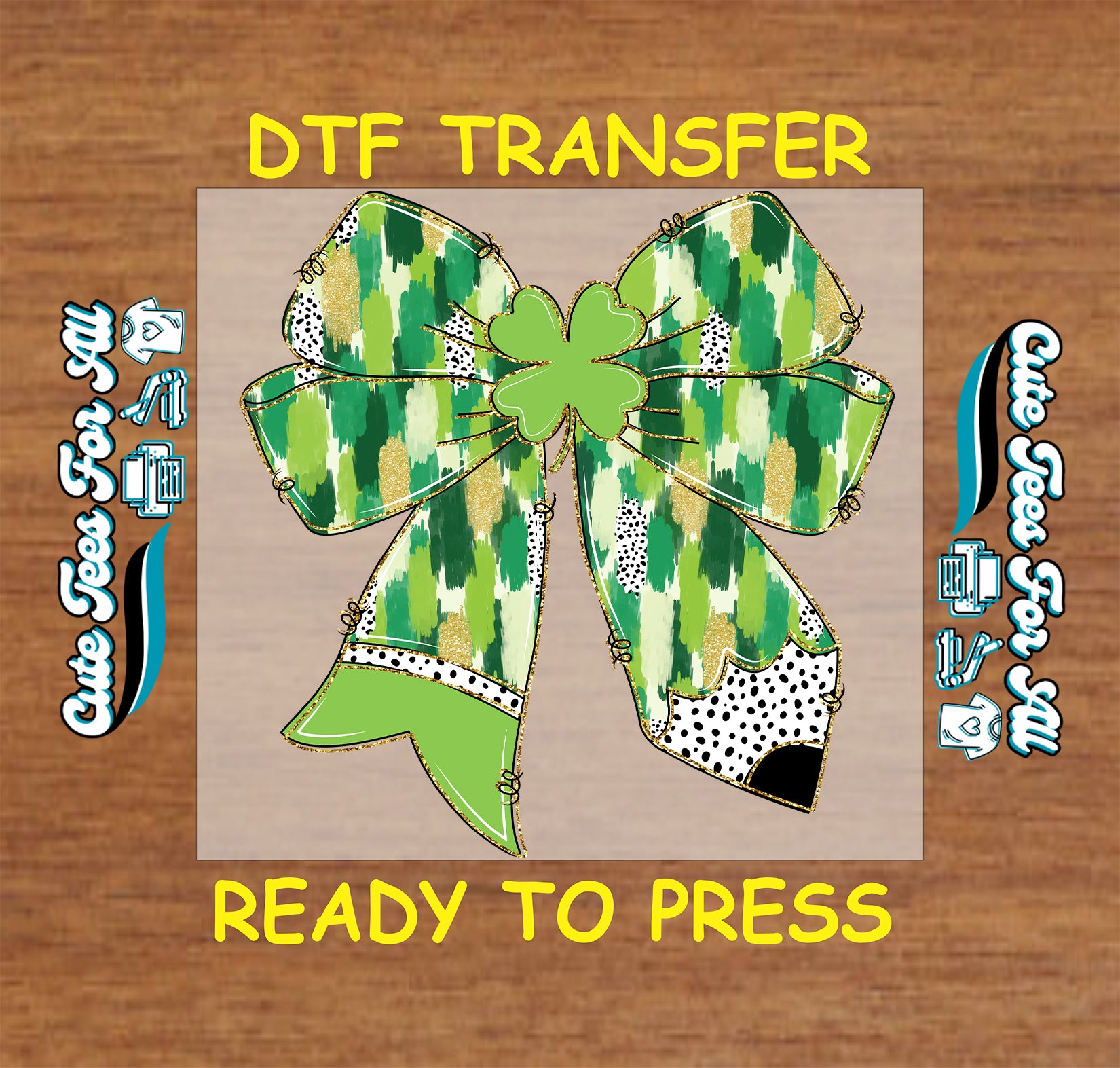 St Patrick’s Day teacher pencil bow ready to press dtf transfer with shamrock details iron on heat transfer for DIY shirts