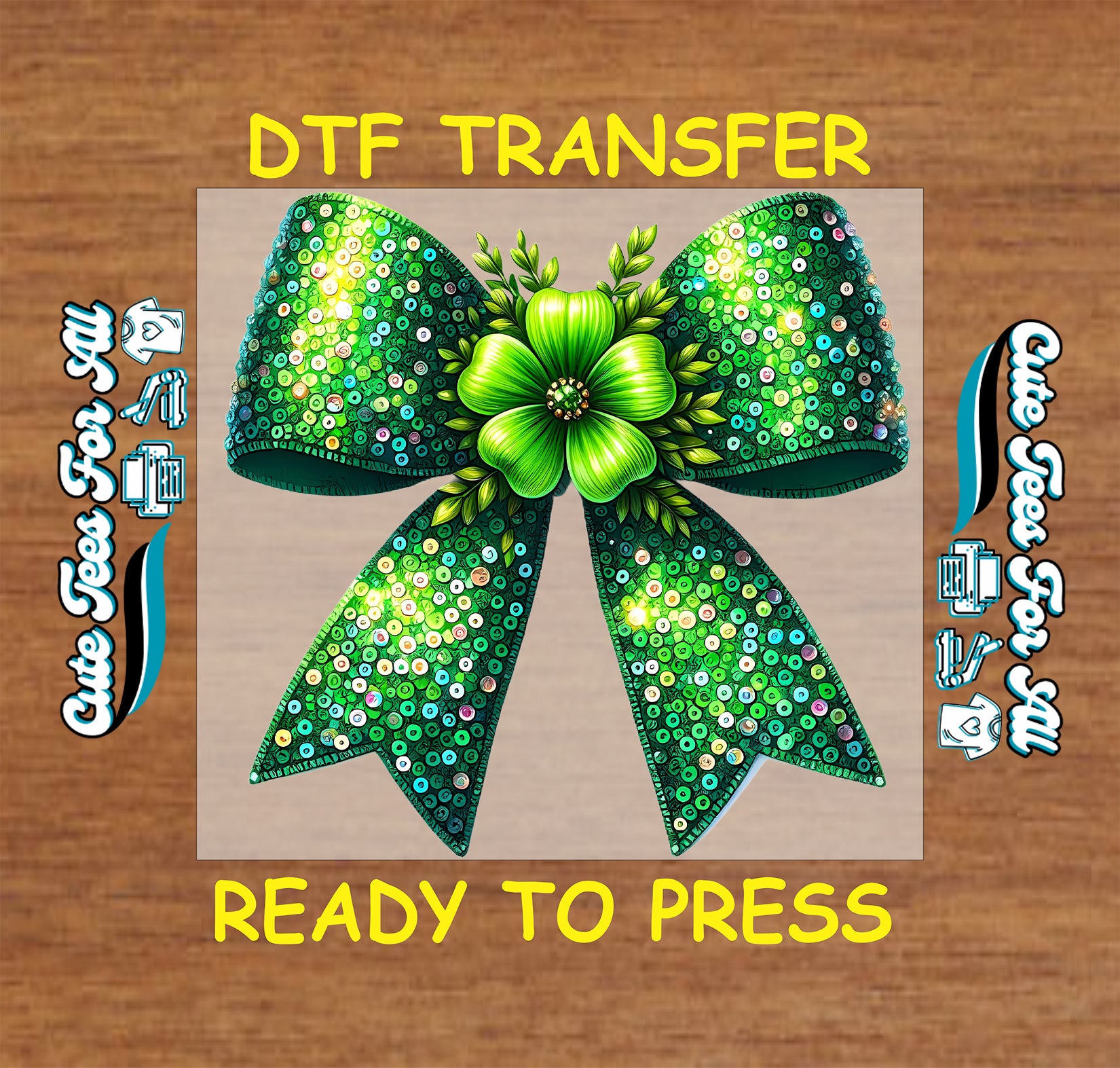 St Patrick’s Day sequin bow ready to press dtf transfer with shamrock floral center iron on heat transfer for DIY shirts