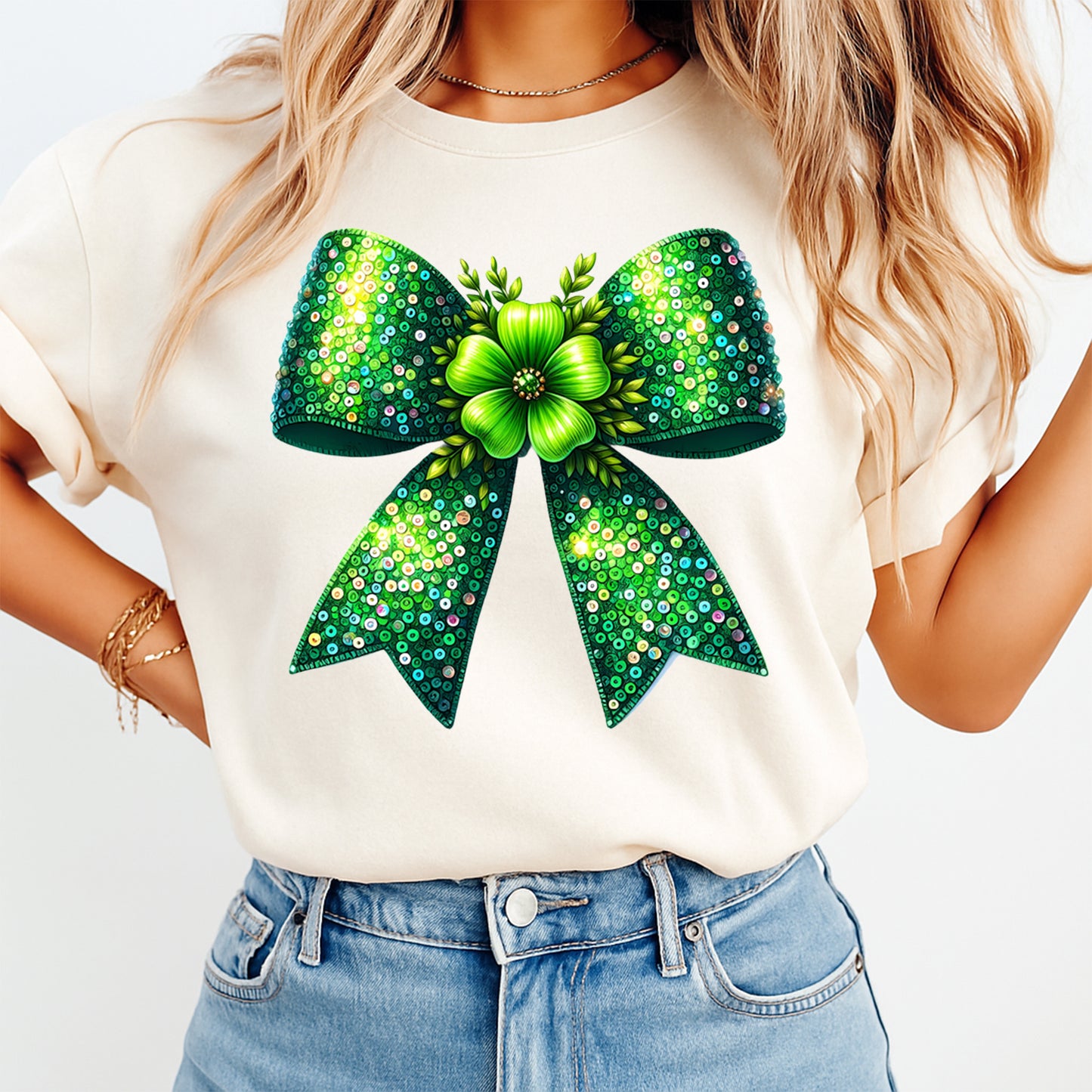 St Patrick’s Day Sequin Bow DTF Transfer – Ready to Press Iron On Heat Transfer for DIY St Patrick’s Day Shirts 12535