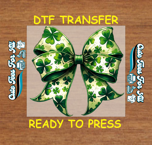 St Patrick’s Day shamrock bow ready to press dtf transfer with clover pattern ribbon iron on heat transfer for DIY shirts