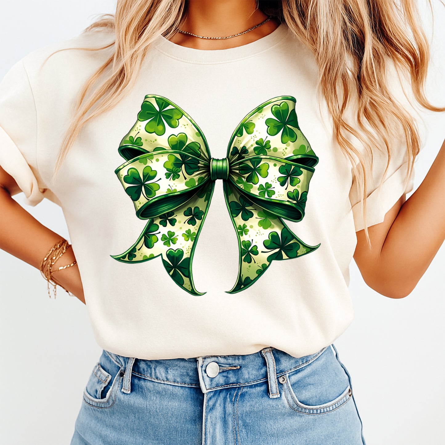 St Patrick’s Day Shamrock Bow DTF Transfer – Ready to Press Iron On Heat Transfer for DIY St Patrick’s Day Shirts 12537