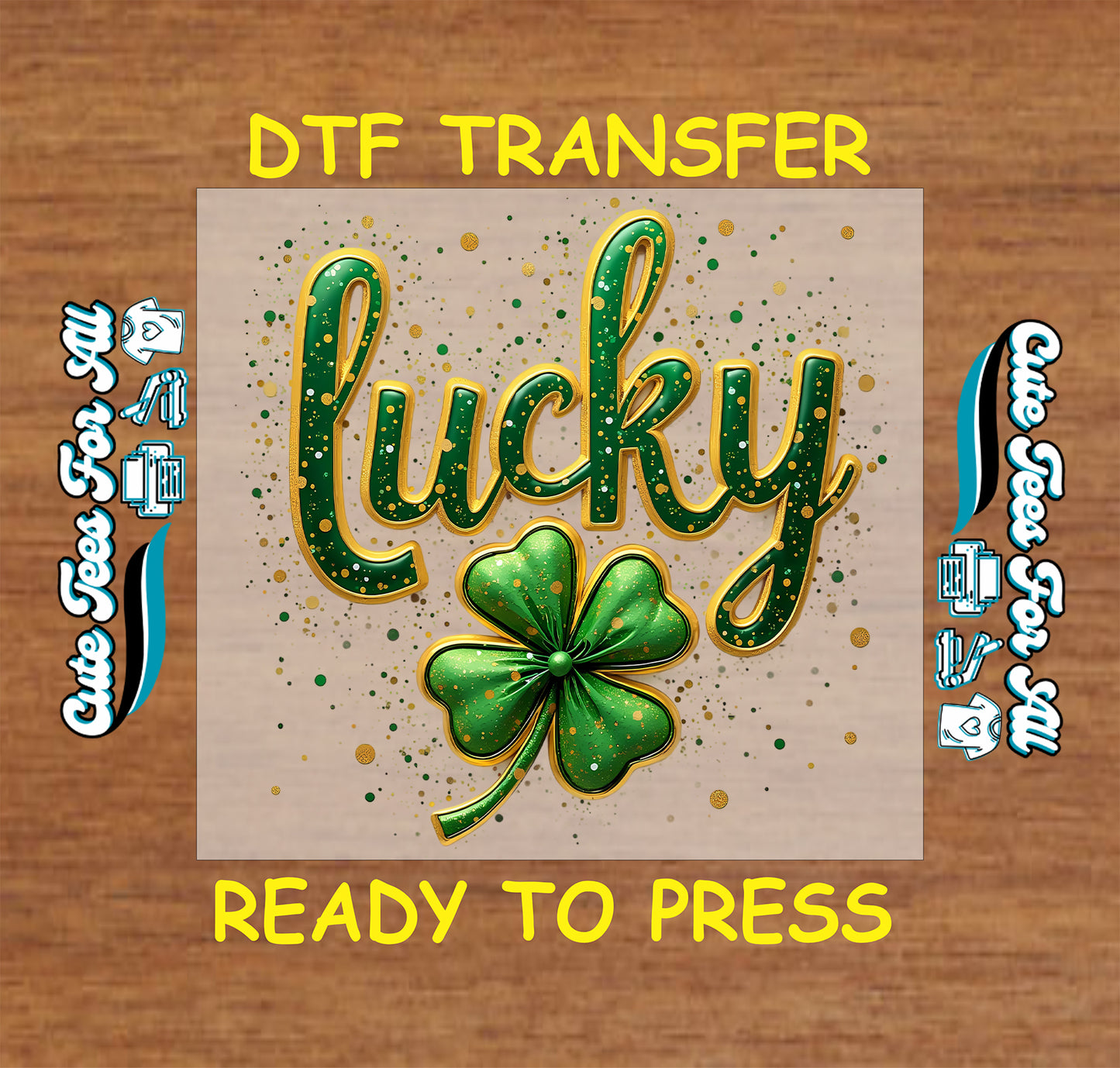 St Patrick’s Day Lucky shamrock ready to press dtf transfer with script lettering iron on heat transfer for DIY shirts