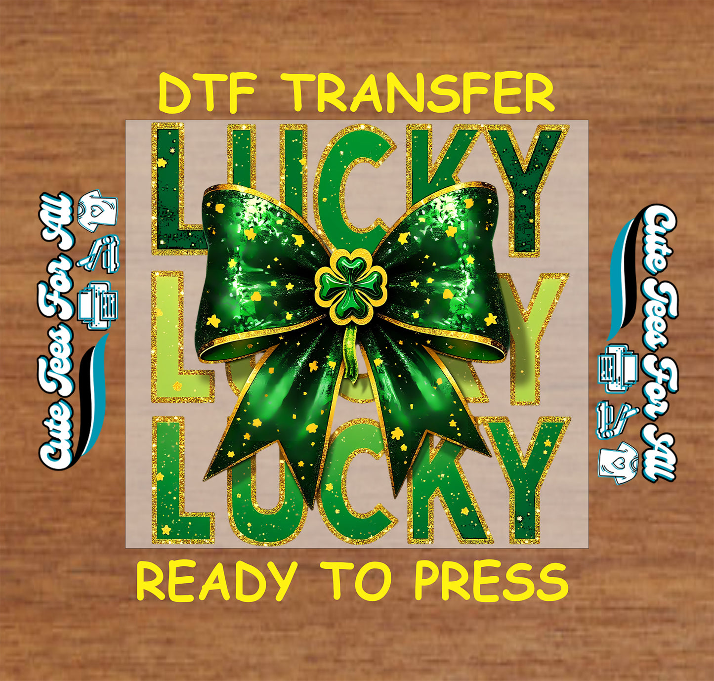 St Patrick’s Day Lucky bow ready to press dtf transfer with shamrock center and sparkled lettering iron on heat transfer for DIY shirts