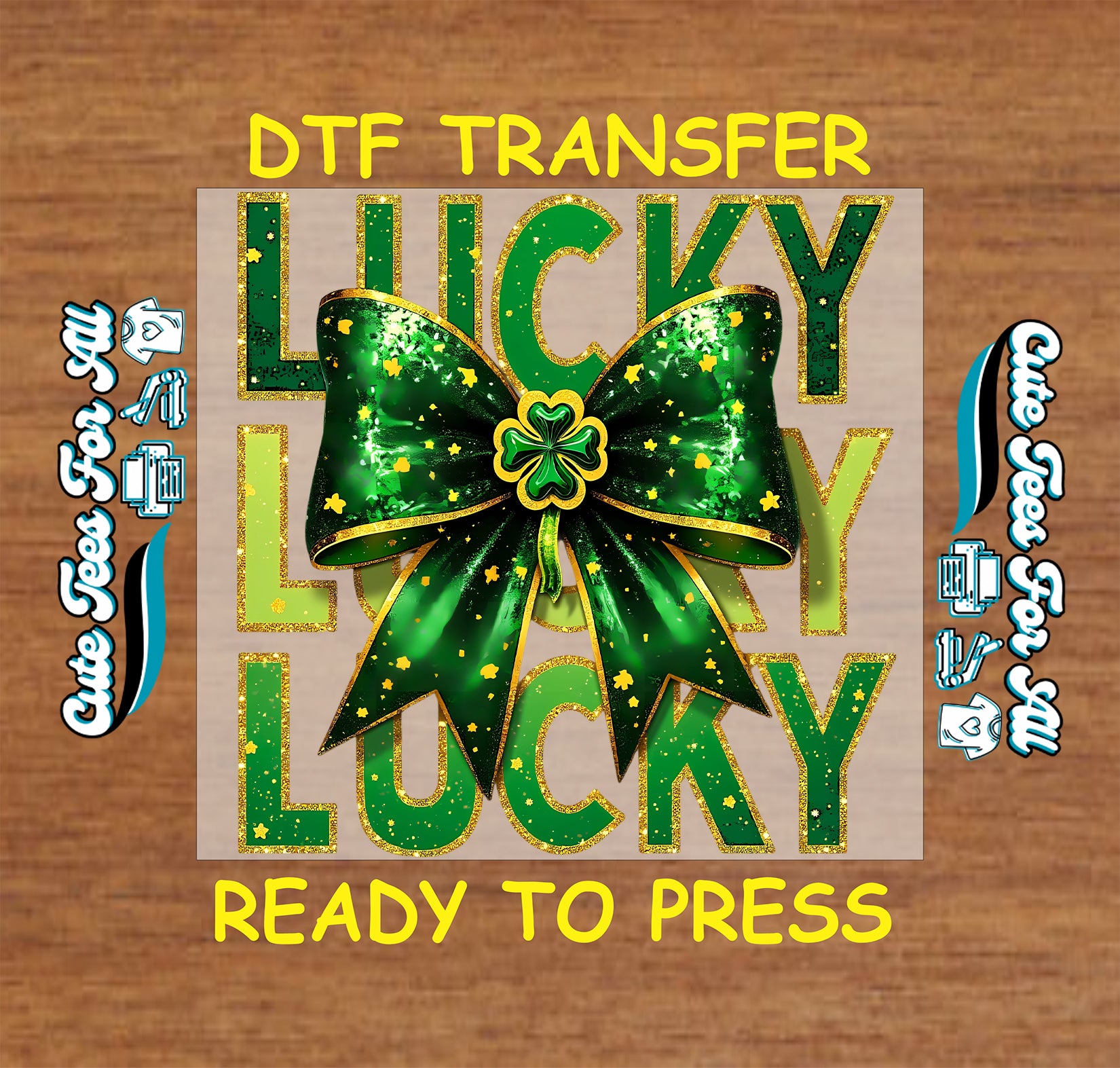 St Patrick’s Day Lucky bow ready to press dtf transfer with shamrock center and sparkled lettering iron on heat transfer for DIY shirts