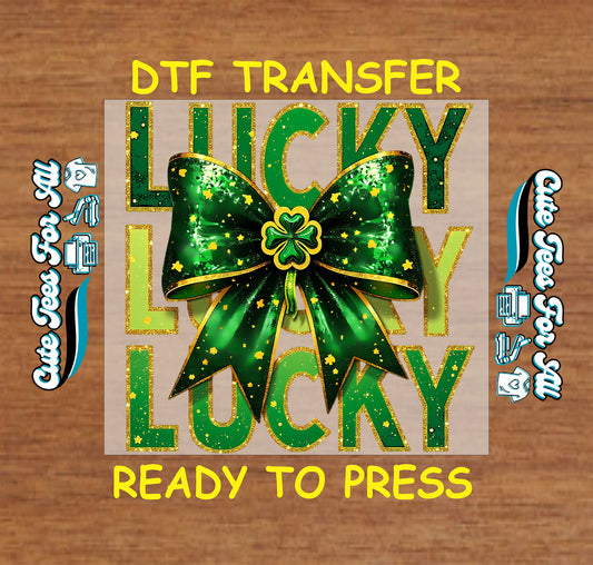 St Patrick’s Day Lucky bow ready to press dtf transfer with shamrock center and sparkled lettering iron on heat transfer for DIY shirts