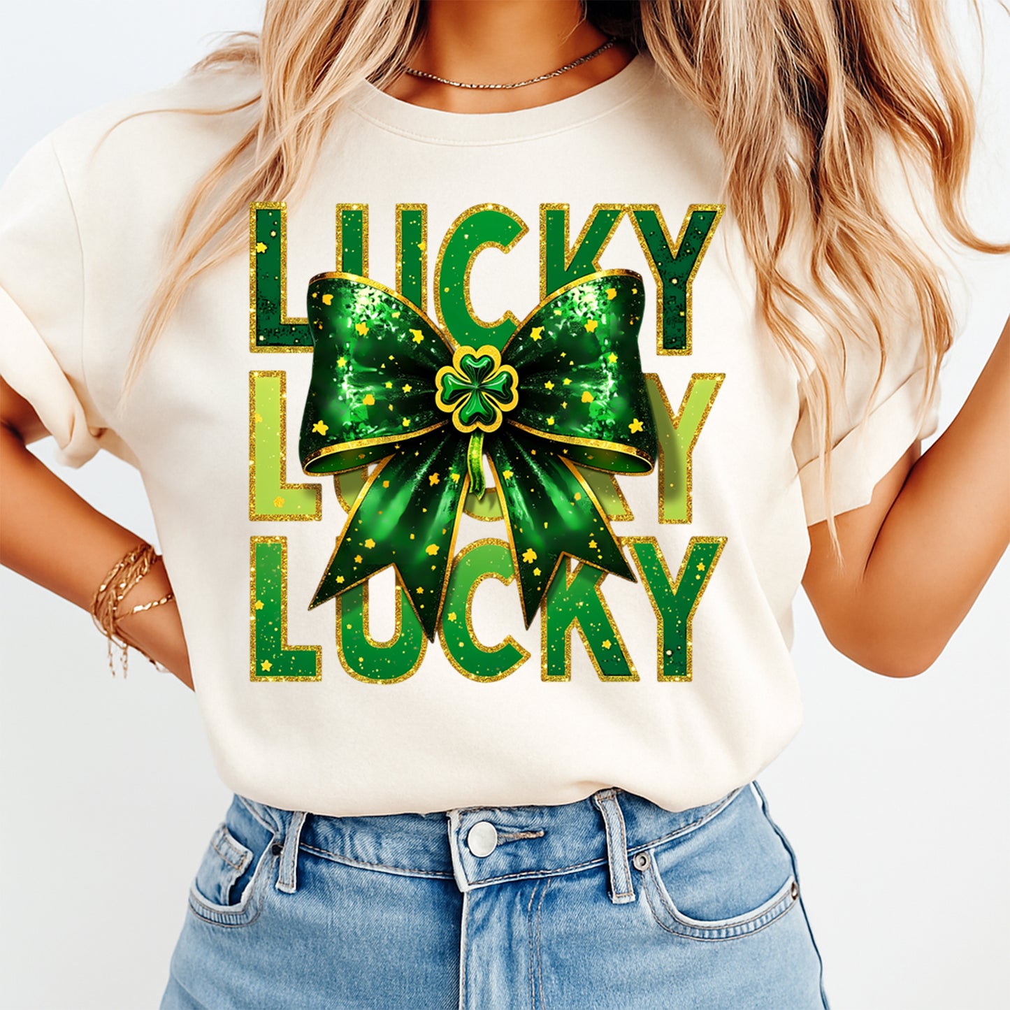 St Patrick’s Day Lucky Bow DTF Transfer – Ready to Press Iron On Heat Transfer for DIY St Patrick’s Day Shirts 12540