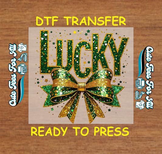 St Patrick’s Day Lucky bow ready to press dtf transfer with glitter lettering and layered ribbon iron on heat transfer for DIY shirts