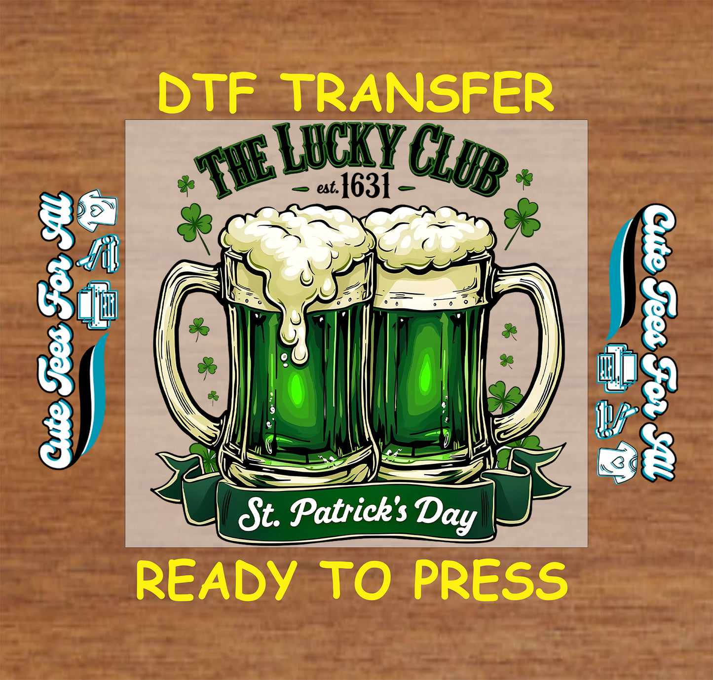 St Patrick’s Day beer mugs Lucky Club ready to press dtf transfer with shamrock accents iron on heat transfer for DIY shirts