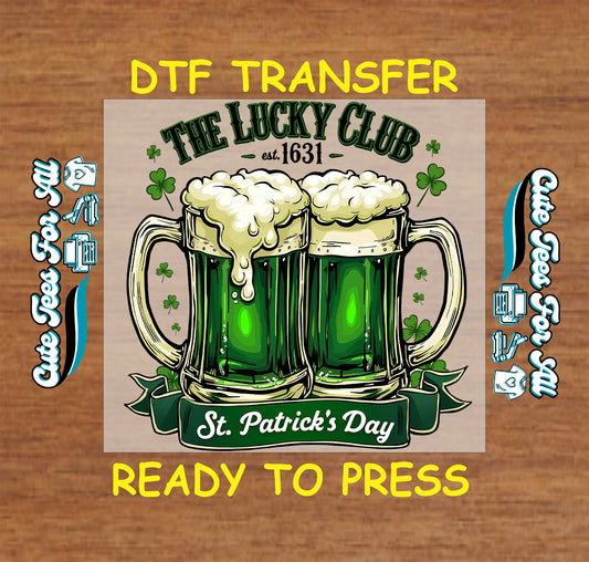 St Patrick’s Day beer mugs Lucky Club ready to press dtf transfer with shamrock accents iron on heat transfer for DIY shirts