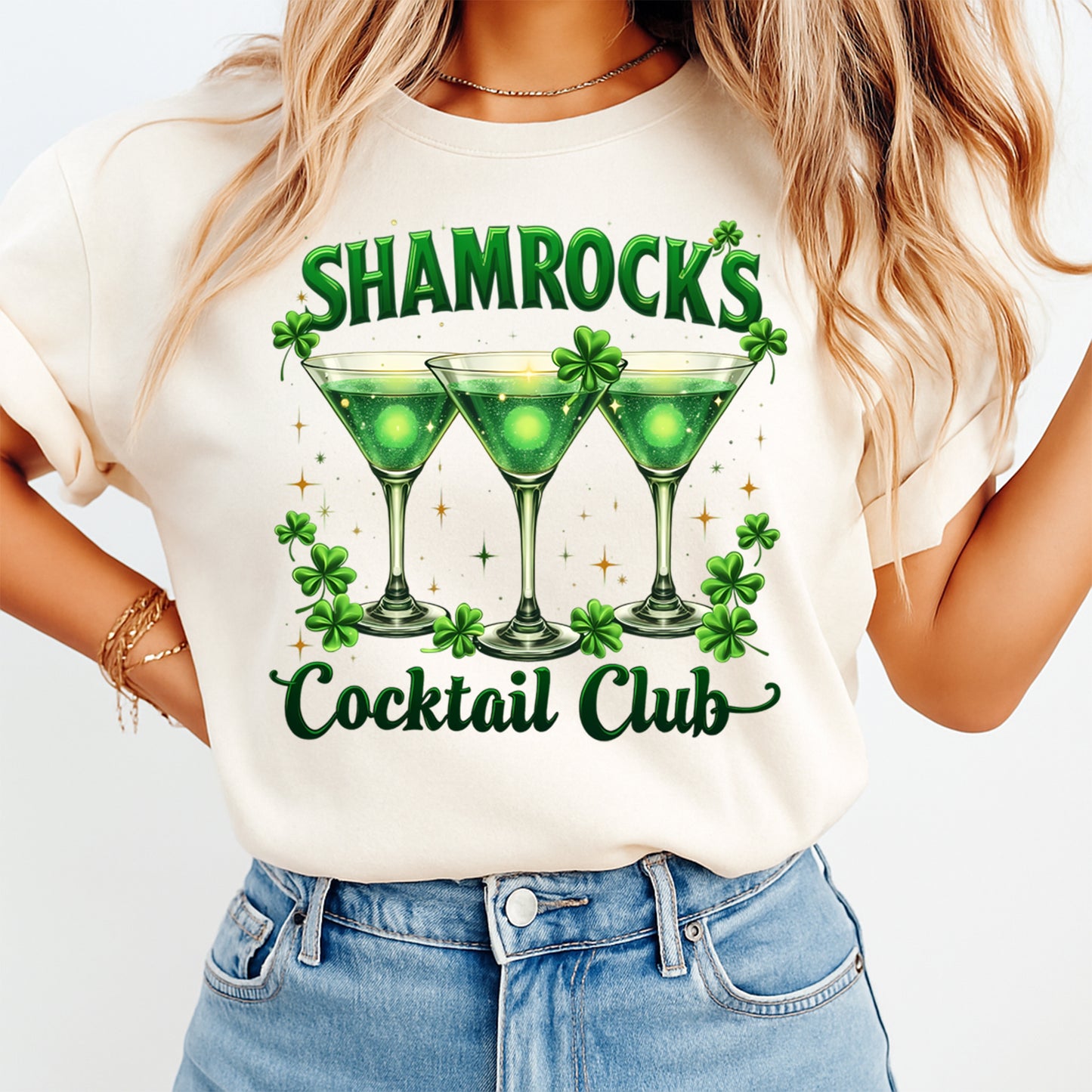 St Patrick’s Day Shamrocks Cocktail Club DTF Transfer – Ready to Press Iron On Heat Transfer for DIY St Patrick’s Day Shirts 12543