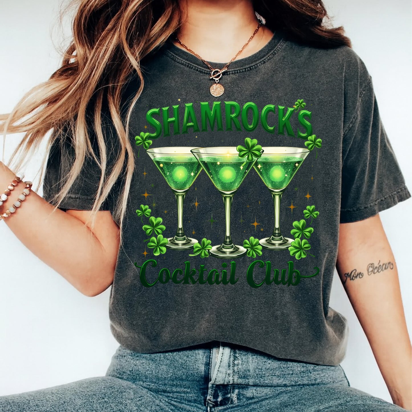 St Patrick’s Day Shamrocks Cocktail Club DTF Transfer – Ready to Press Iron On Heat Transfer for DIY St Patrick’s Day Shirts 12543