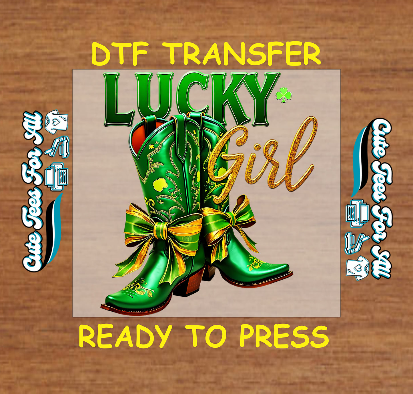 St Patrick’s Day Lucky Girl boots ready to press dtf transfer with bow accents iron on heat transfer for DIY shirts