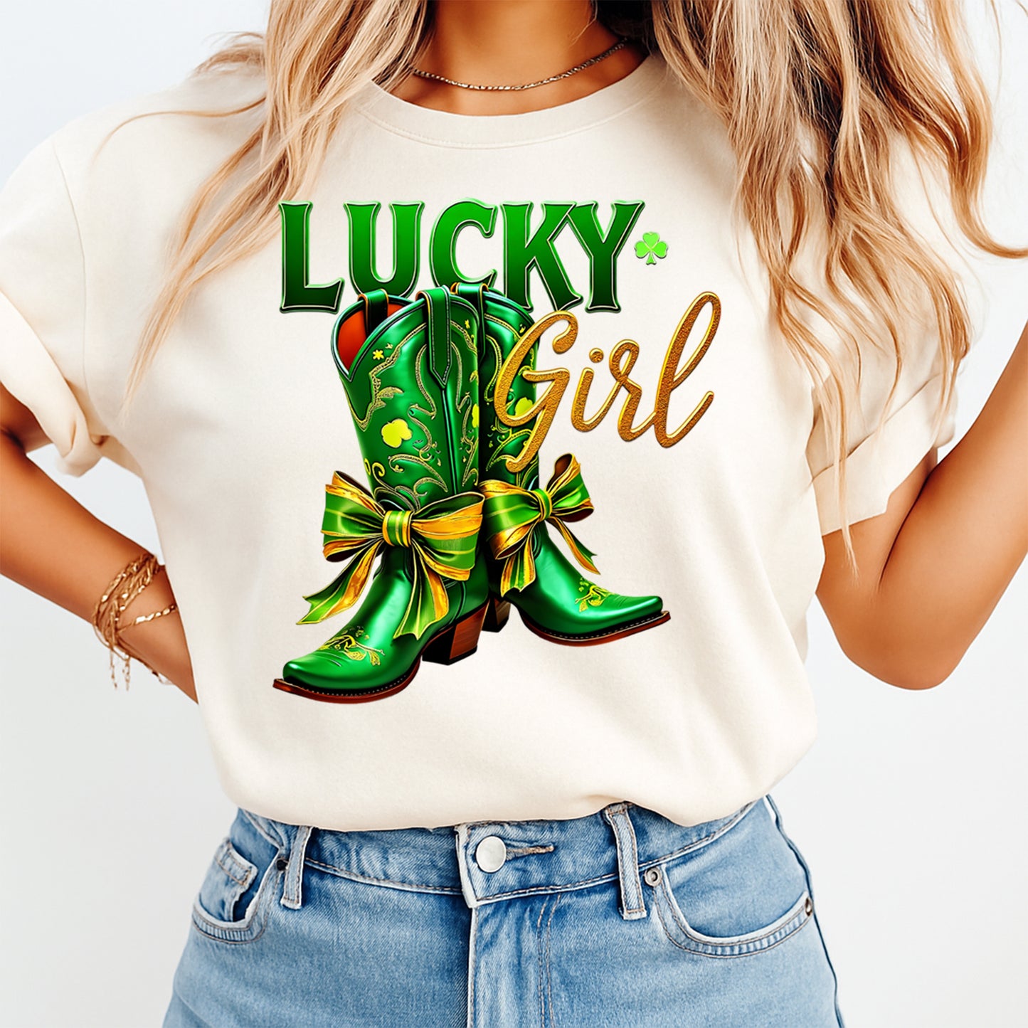 St Patrick’s Day Lucky Girl Boots DTF Transfer – Ready to Press Iron On Heat Transfer for DIY St Patrick’s Day Shirts 12544