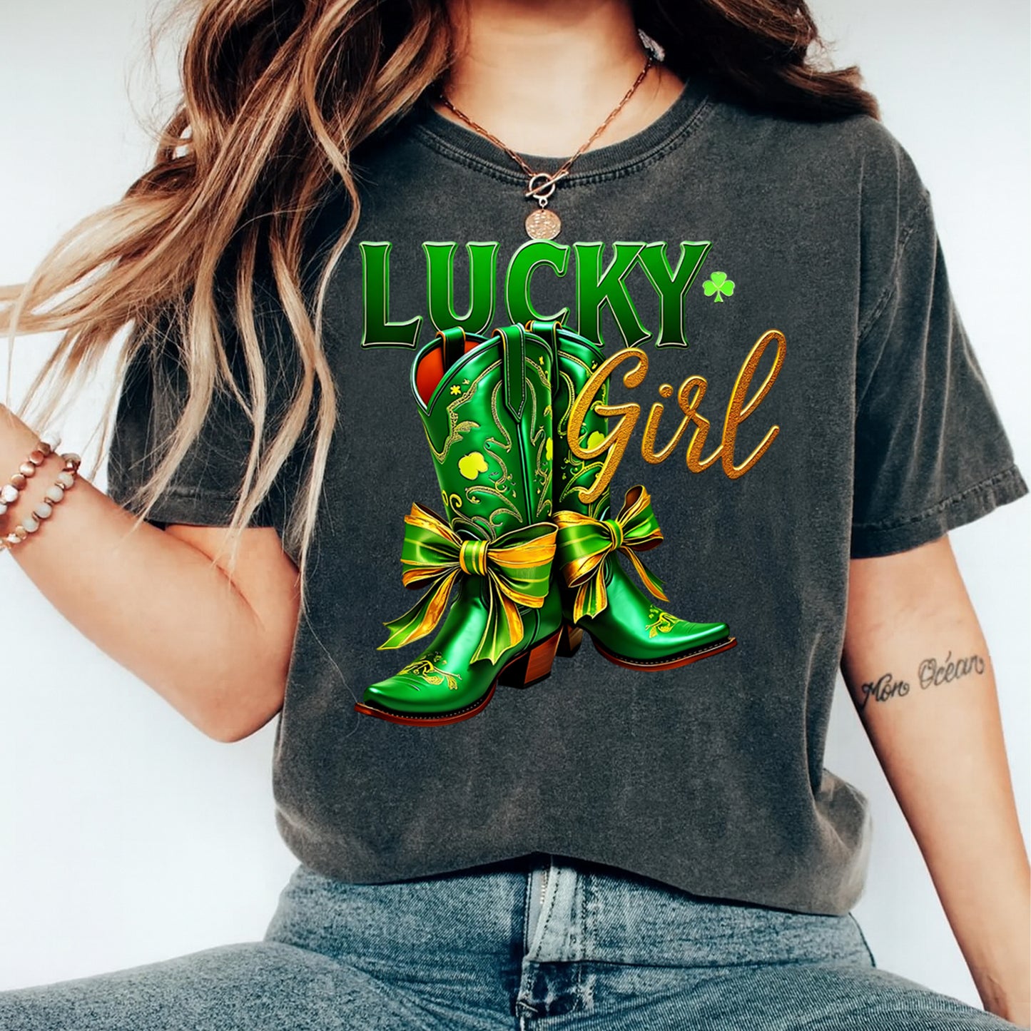 St Patrick’s Day Lucky Girl Boots DTF Transfer – Ready to Press Iron On Heat Transfer for DIY St Patrick’s Day Shirts 12544