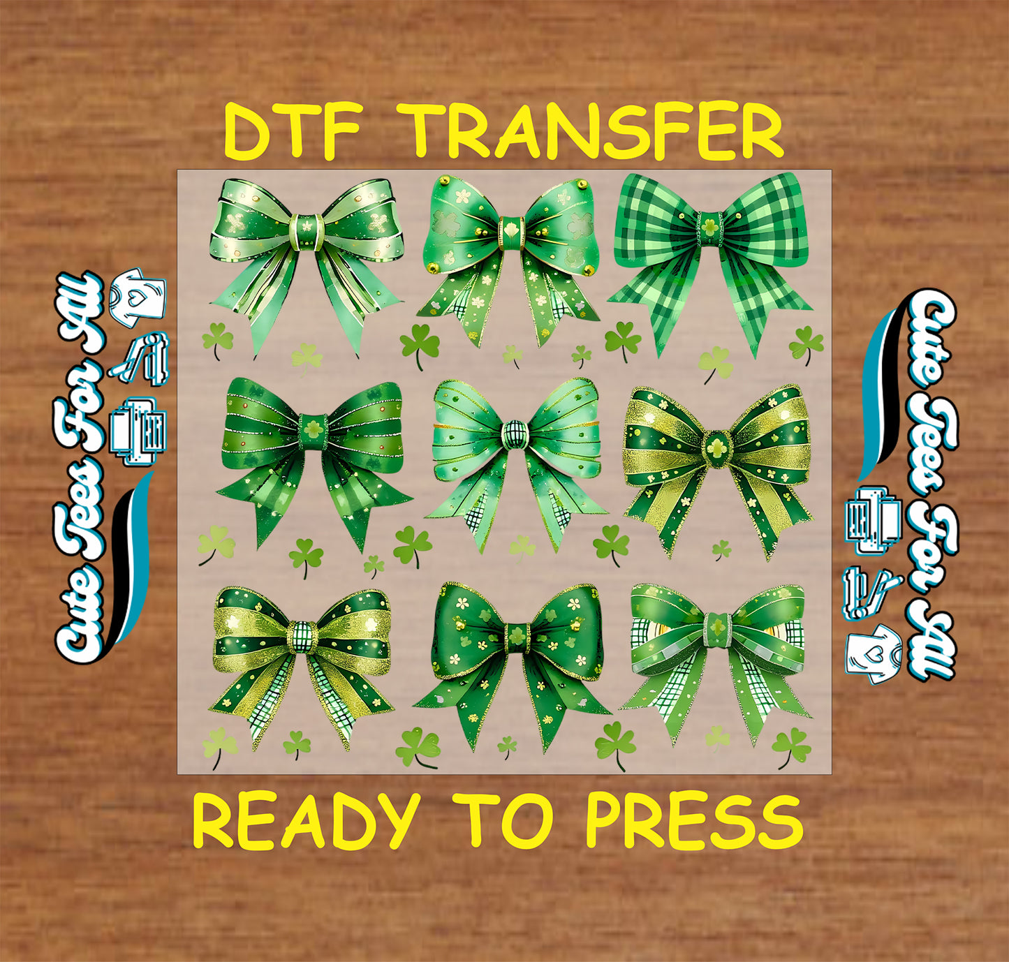 St Patrick’s Day shamrock bow set ready to press dtf transfer with green ribbon bows iron on heat transfer for DIY shirts