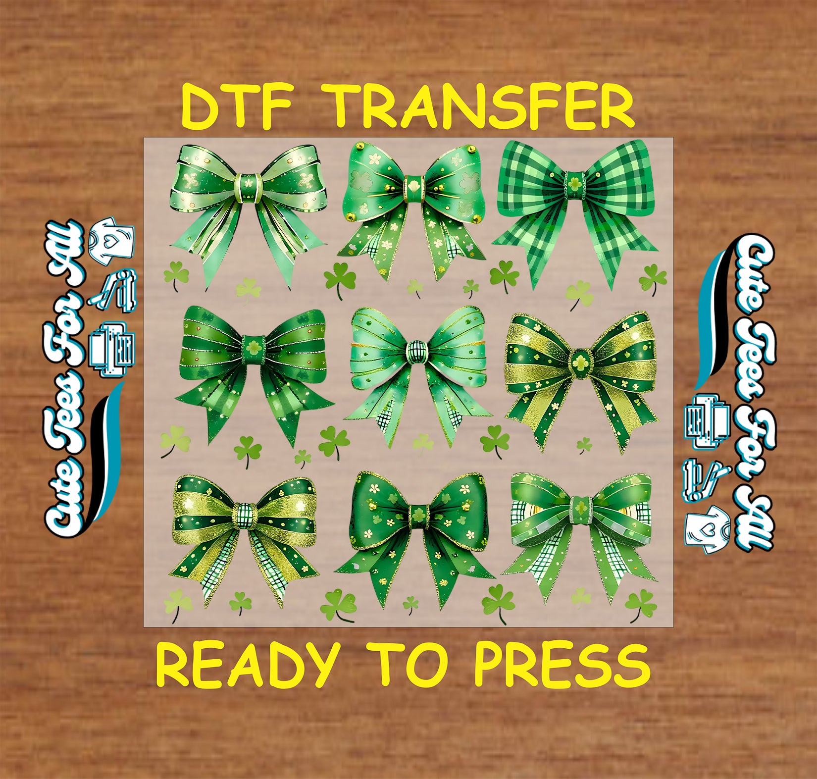 St Patrick’s Day shamrock bow set ready to press dtf transfer with green ribbon bows iron on heat transfer for DIY shirts