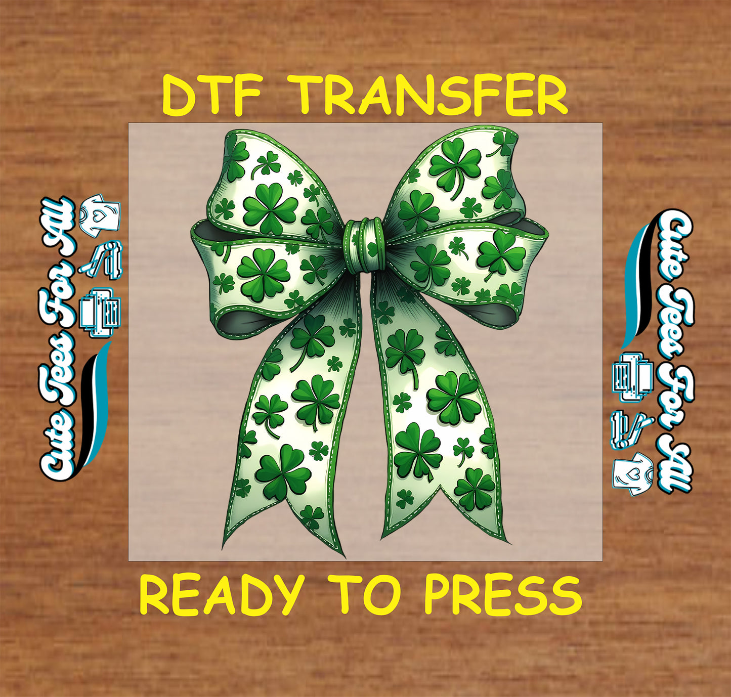 ready to press dtf transfer featuring a shamrock patterned ribbon bow with stitched trim and flowing tails, St Patricks Day themed iron on heat transfer