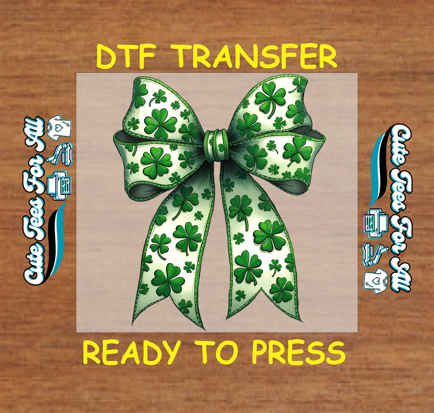 ready to press dtf transfer featuring a shamrock patterned ribbon bow with stitched trim and flowing tails, St Patricks Day themed iron on heat transfer