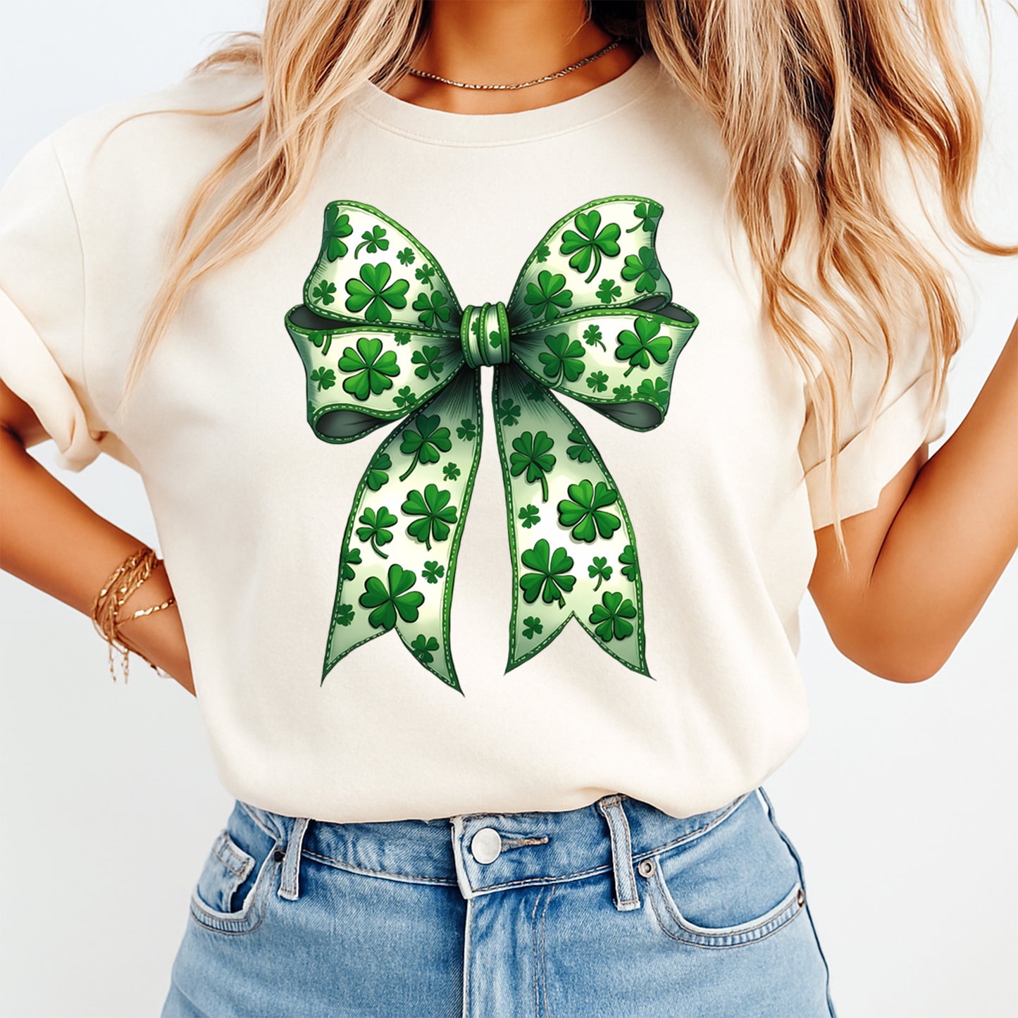 St Patricks Shamrock Bow DTF Transfer – Ready to Press Iron On Heat Transfer for DIY St Patricks Shirts 12548