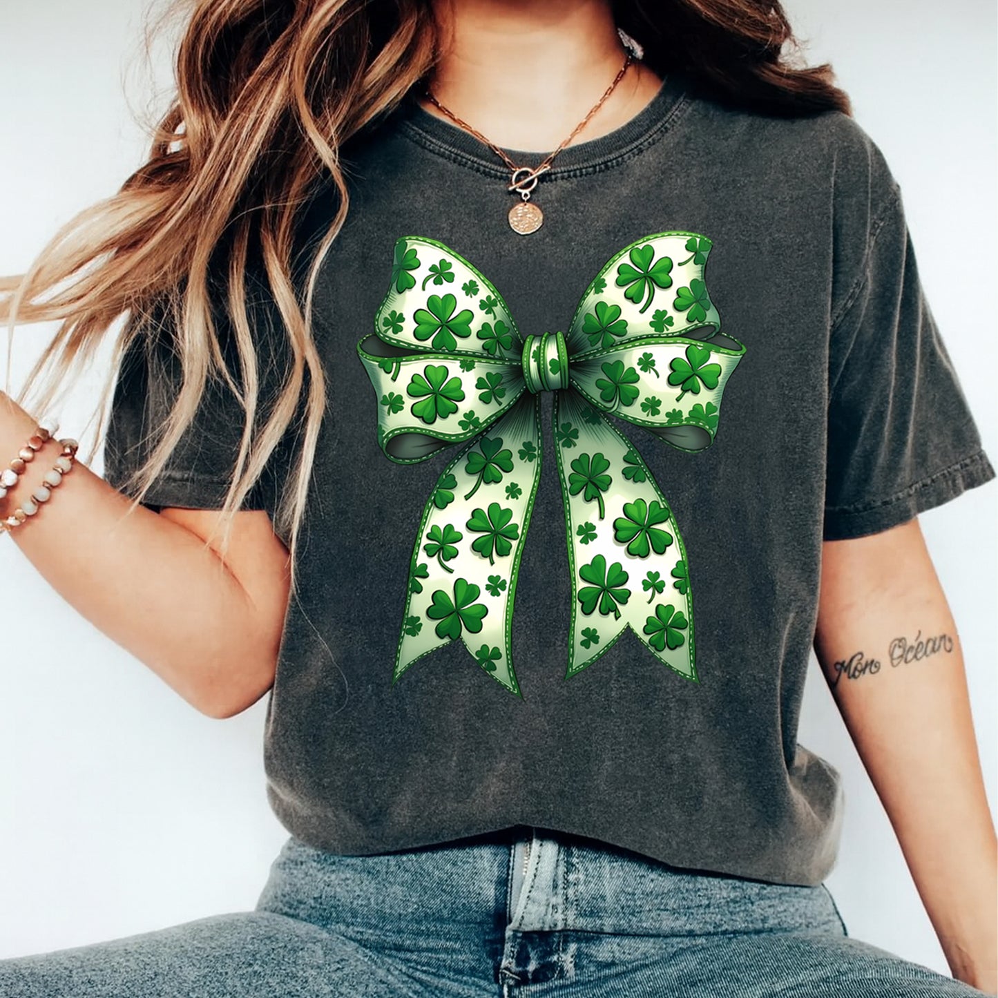 St Patricks Shamrock Bow DTF Transfer – Ready to Press Iron On Heat Transfer for DIY St Patricks Shirts 12548