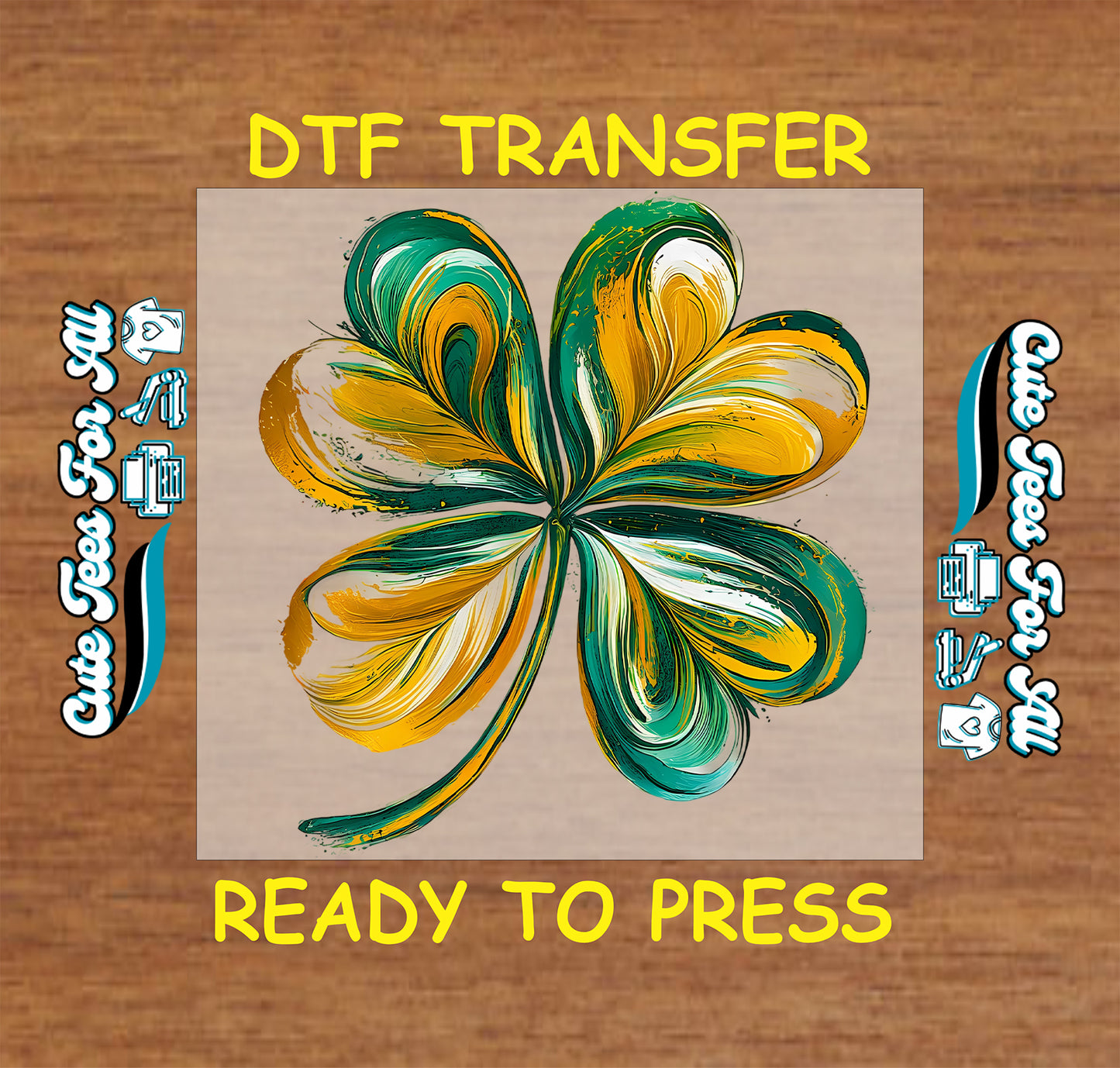 ready to press dtf transfer with abstract painted shamrock clover artwork, flowing brush stroke style St Patricks Day iron on heat transfer
