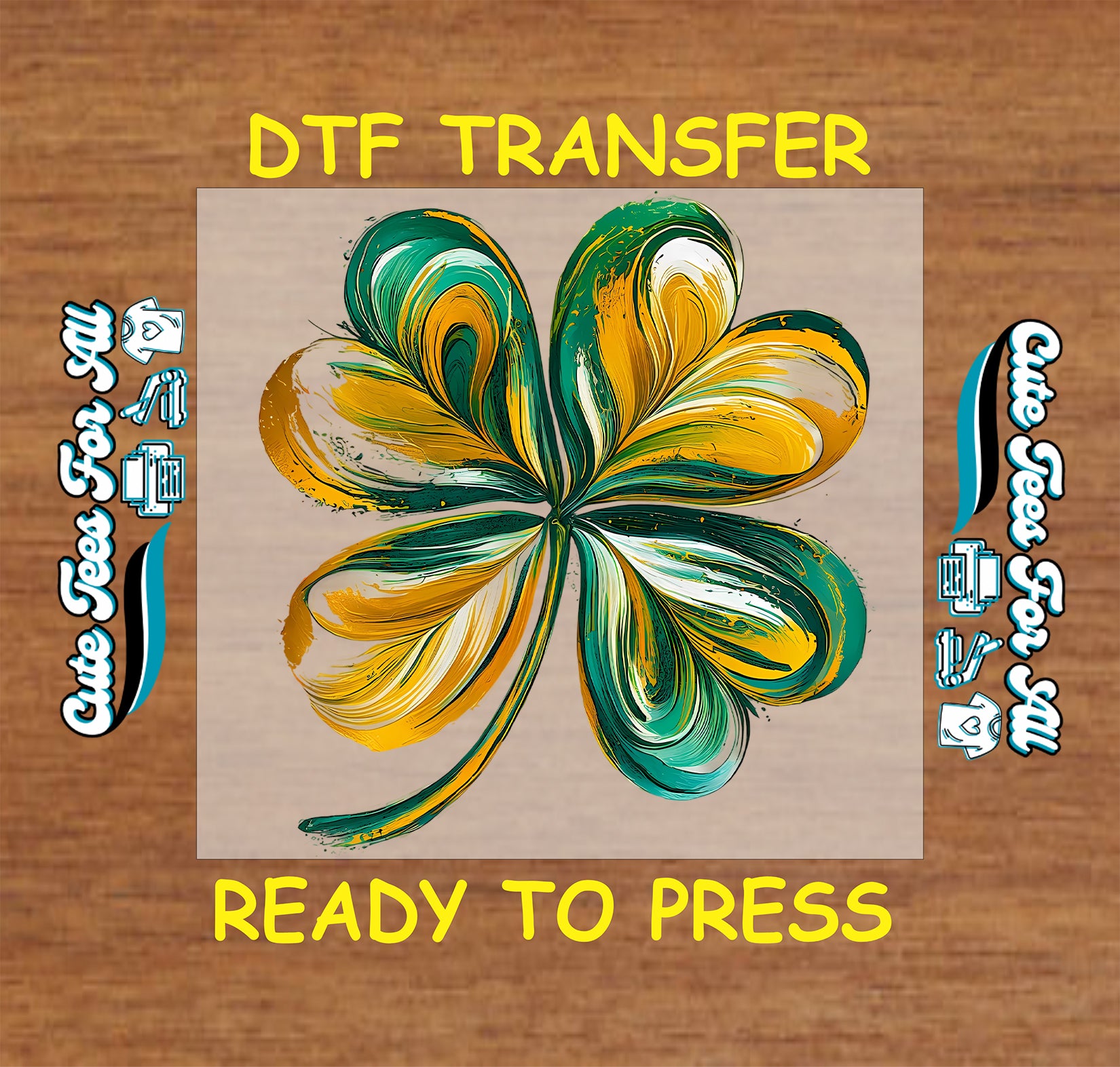 ready to press dtf transfer with abstract painted shamrock clover artwork, flowing brush stroke style St Patricks Day iron on heat transfer