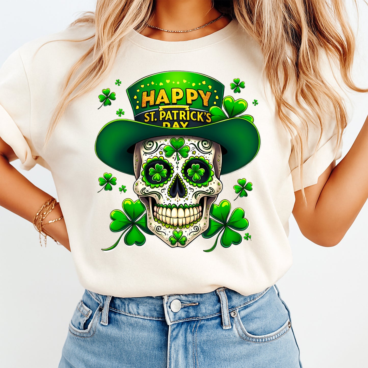 St Patricks Skull Hat DTF Transfer – Happy St Patricks Day Ready to Press Iron On Heat Transfer DIY St Patricks Shirts 12554
