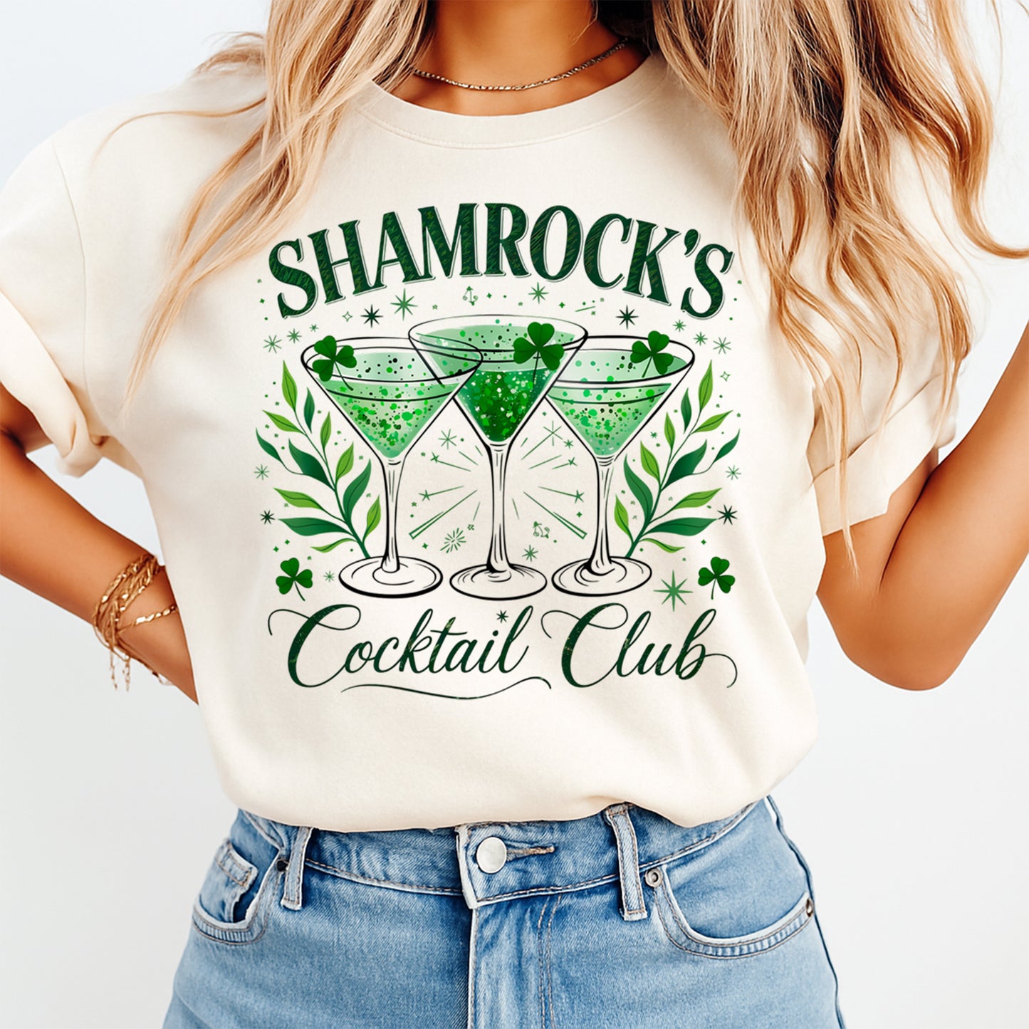 St Patricks Cocktail Glass DTF Transfer – Shamrock’s Cocktail Club Ready to Press Iron On Heat Transfer DIY St Patricks Shirts 12556
