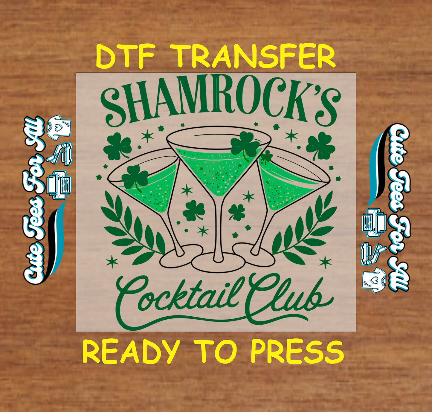 ready to press dtf transfer with shamrocks cocktail club text and three green martini glasses, St Patricks Day bar themed iron on heat transfer