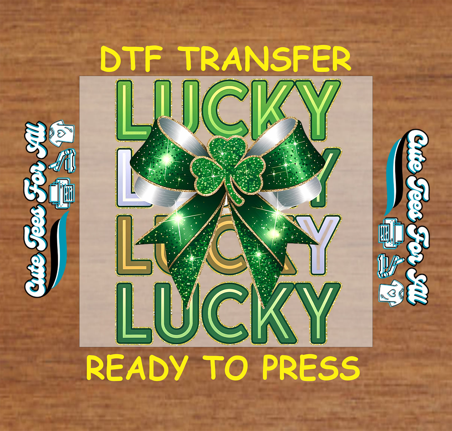ready to press dtf transfer with lucky lucky lucky text and sparkling bow shamrock artwork, St Patricks Day iron on heat transfer