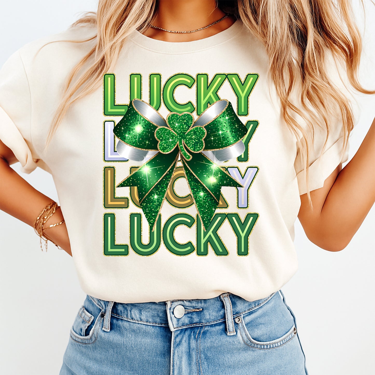 St Patricks Bow Shamrock DTF Transfer – Lucky Lucky Lucky Ready to Press Iron On Heat Transfer DIY St Patricks Shirts 12558