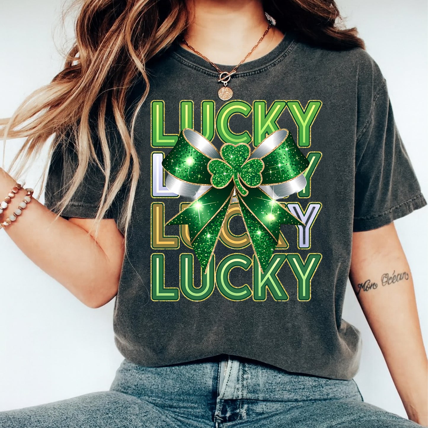 St Patricks Bow Shamrock DTF Transfer – Lucky Lucky Lucky Ready to Press Iron On Heat Transfer DIY St Patricks Shirts 12558