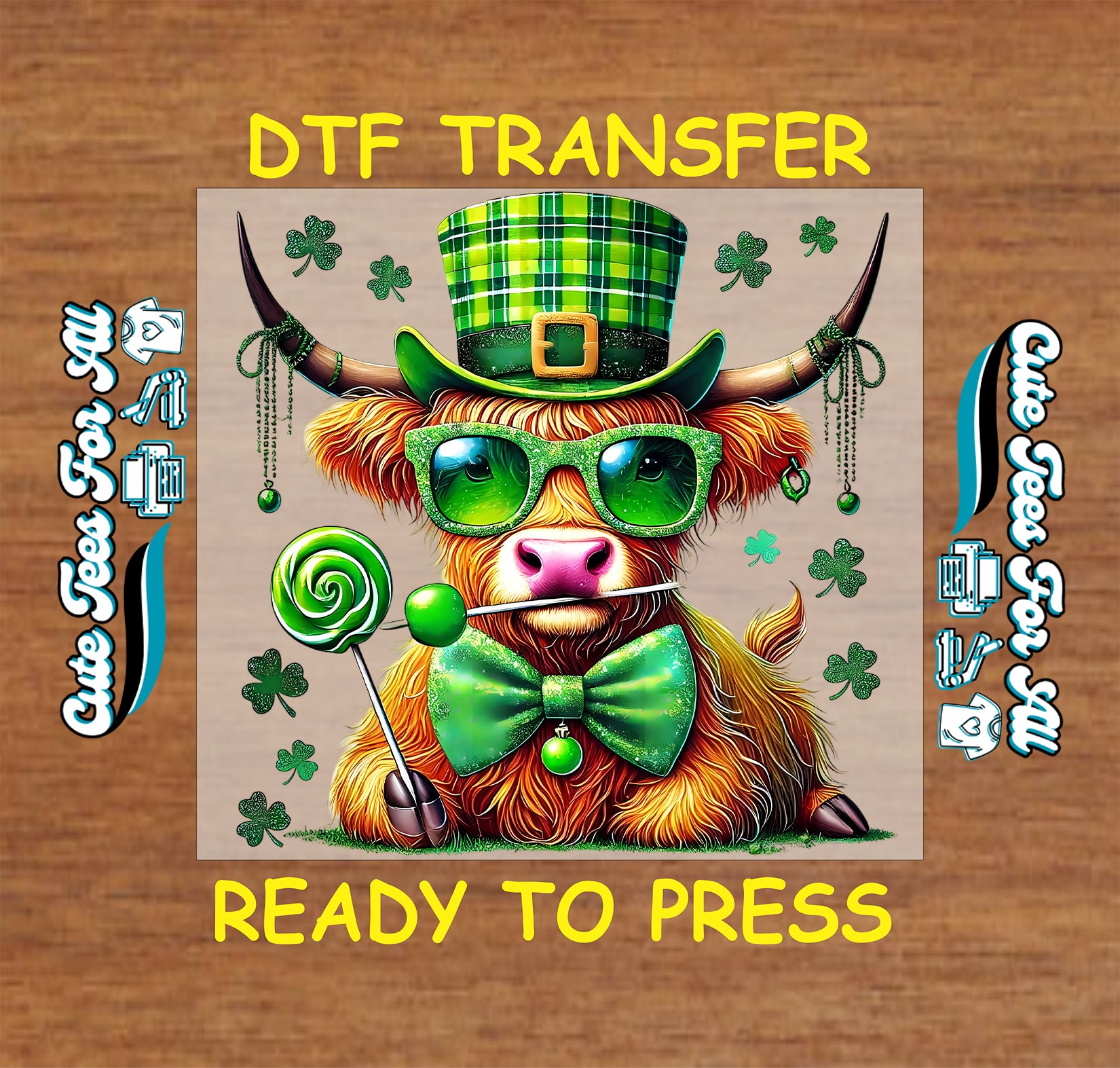 st patrick cow ready to press dtf transfer featuring highland cow with shamrock elements for diy st patrick shirts
