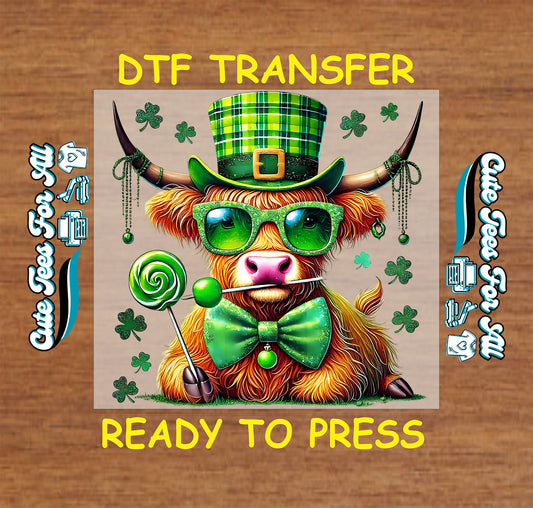 st patrick cow ready to press dtf transfer featuring highland cow with shamrock elements for diy st patrick shirts