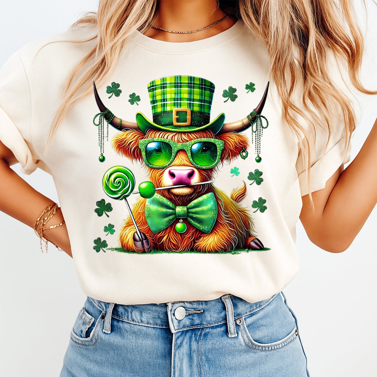 St Patrick Cow DTF Transfer – Shamrock Highland Cow Ready to Press Iron On Heat Transfer for DIY St Patrick Shirts 12559